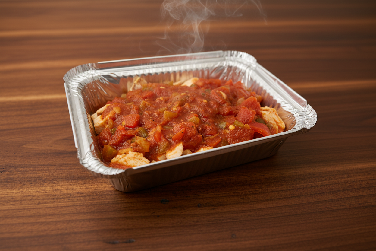 A take-out container filled with chicken chunks in a tomato-based sauce.