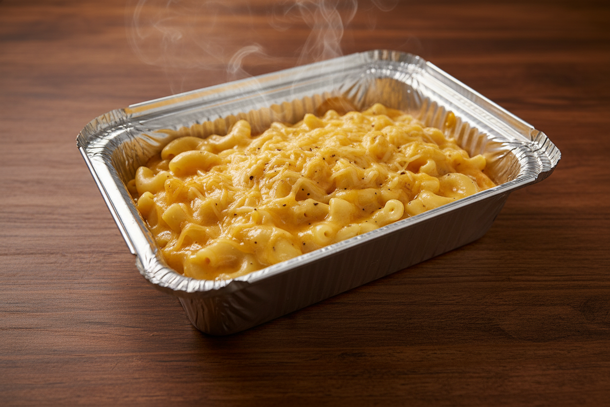 A foil tray containing macaroni and cheese with shredded cheese on top.