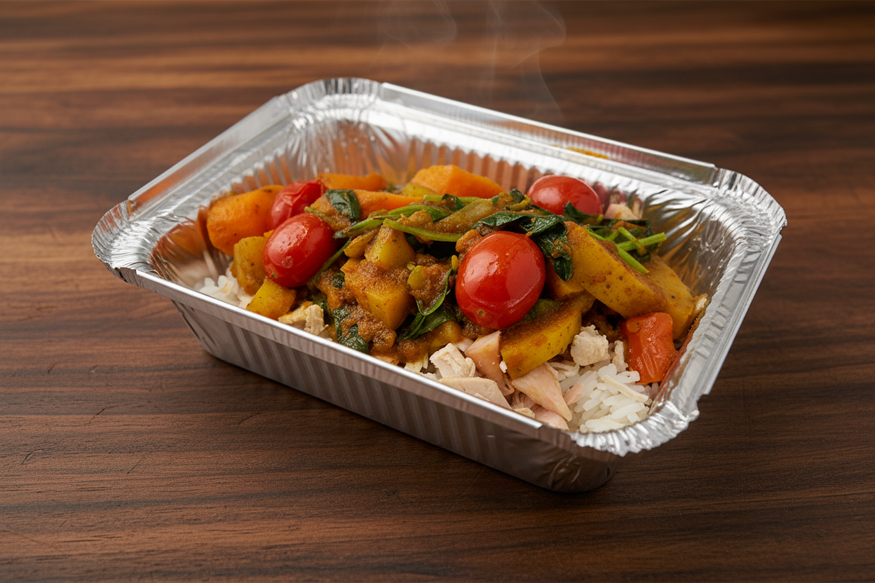 A pre-packaged meal of chicken curry with seasonal vegetables over Jasmine rice in a foil container.