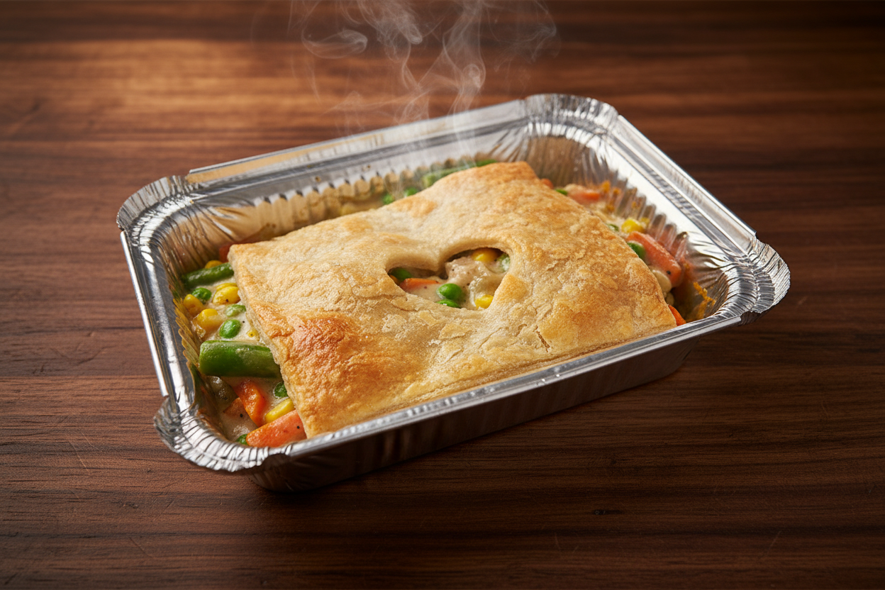 A pre-made chicken pot pie in a aluminum foil baking tray with a heart-shaped cutout in the crust.