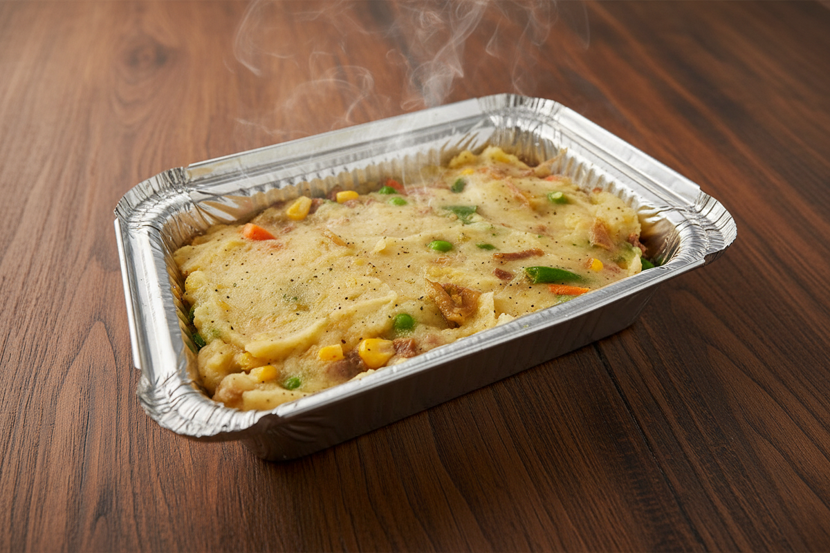 A foil tray containing a prepared cottage pie with vegetables mixed with the meat.