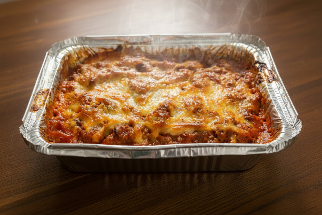 Baked lasagna in a foil pan with cheese on top.