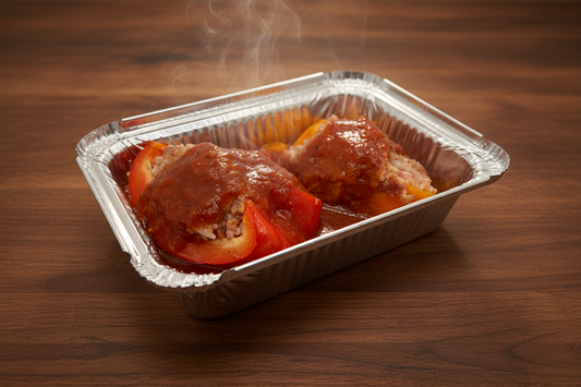 A foil container with two stuffed peppers topped with brown sauce.